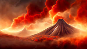 火山爆發，伴隨著火紅的雲和發光的熔岩流。