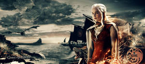 Daenerys Targaryen 與龍在風暴海洋和遠處城堡之上 — 權力遊戲 第八季 壁紙
