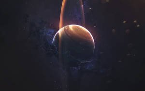 在深空中，一顆發光的環狀行星被恆星和星雲環繞。