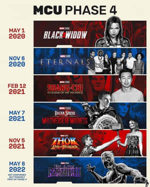 MCU第四階段電影上映時間表海報，附角色藝術及日期。 — 4K Marvel 壁紙