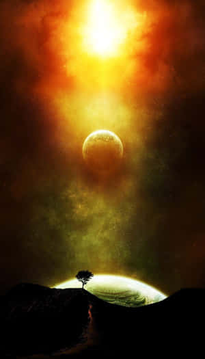 山丘上的一棵孤獨的樹，下方是發光的太陽和漂浮的行星，在宇宙天空中。