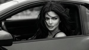 風吹頭髮的女性從車窗向外看的黑白照片 — Kylie Jenner 壁紙