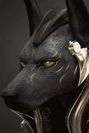 黑色犬頭人物，金色盔甲，發光眼睛。