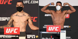 兩名赤裸上身的UFC拳手在稱重活動中展示肌肉，戴著口罩。