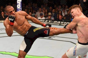兩名MMA拳手在UFC八角籠內搏鬥，觀眾在旁觀看。