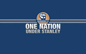 帶有白色文字 one nation under stanley 和舉起拳頭標誌的紋理藍色背景。 — 冰球 壁紙