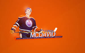 曲棍球球員 Connor McDavid 身穿油人隊球衣，在橙色背景上手持球棍和選秀文字。 — 康納·麥格雷戈 壁紙