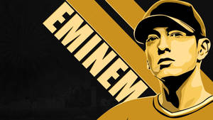 Eminem 的金色和黑色肖像插圖，他的名字以區塊字母呈現。