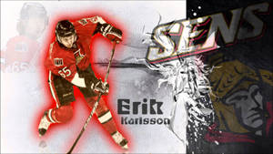 身穿紅色制服的冰球運動員Erik Karlsson手持球桿滑冰。 — 運動 壁紙