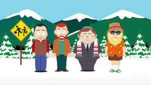 四個穿著冬季服裝的南方公園角色站在雪地中，背景有山脈。 — 老人家 壁紙