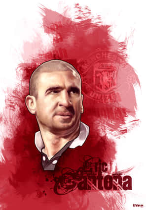 Eric Cantona 足球員肖像，以紅色筆觸藝術呈現曼聯會徽。