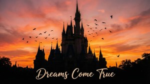 夕陽下的城堡剪影，飛鳥和文字 Dreams Come True