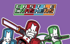 三個風格化的騎士在 Castle Crashers 遊戲標誌下持劍。 — 紫色 壁紙