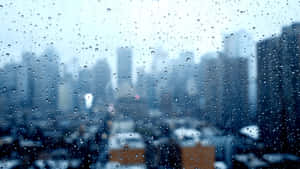 窗戶上的雨滴，俯瞰模糊的城市天際線。