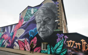 一個人走過一幅色彩繽紛的街頭壁畫，畫中有男人的臉和熱帶元素。