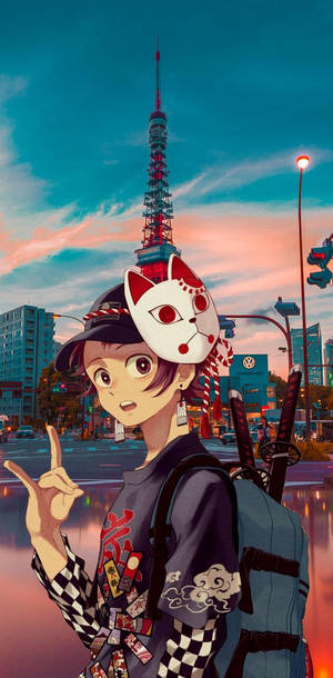 動漫少女戴著狐狸面具和武士刀，在日落時分雨中的東京城市景觀中。