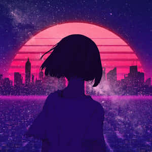 動漫女孩剪影觀看粉紅色夕陽下的未來霓虹城市 — 紫色美學 壁紙