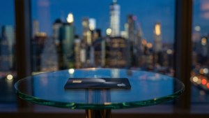 玻璃桌上的黑色 Apple 卡，俯瞰夜晚的城市燈光