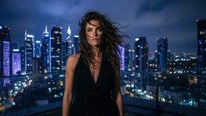 身穿黑色連衣裙的女性在屋頂上，風吹動頭髮，背景是夜晚閃爍的城市燈光。