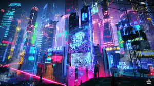 屋頂上的人凝視著夜晚發光的未來城市。 — 夜景城市 壁紙