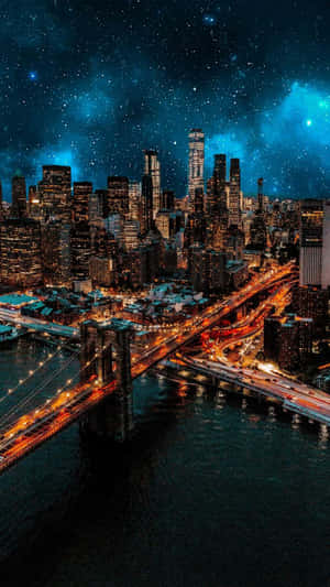 星空下，橋樑橫跨水面的活力城市夜景。 — 夜晚 GIF 壁紙