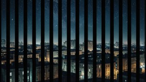 在星空下透過垂直欄杆看到的夜間城市景觀。