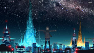 動漫女孩在星空下，在霓虹燈閃爍的未來城市前張開雙臂。