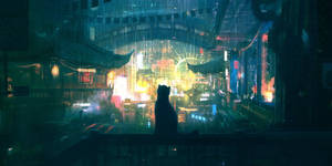一隻貓在夜晚透過下雨的窗戶看著發光的未來城市。 — 雨天 壁紙