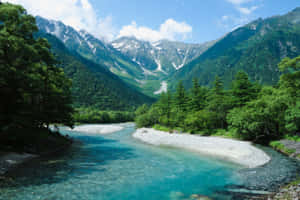 一條清澈的藍綠色河流流經森林覆蓋的山谷，背景是雪山。