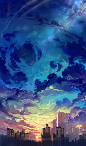 黃昏時分，旋轉宇宙星雲下的城市天際線。 — Galaxy Tab A11 壁紙