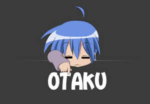 藍髮動漫角色指向「OTAKU」文字。