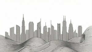 現代城市天際線的黑白線條藝術，位於流動波浪圖案上方。