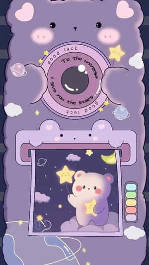 紫色熊拿著相機打印熊在夜空下拿著星星的照片，有雲和行星。