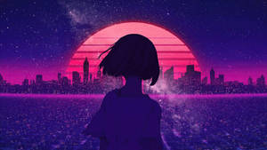 動畫女孩看著粉紅色夕陽落在未來城市天際線下，星空背景