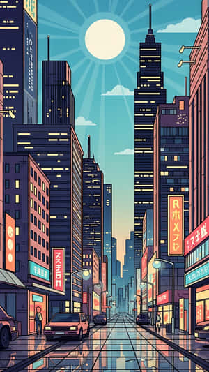 黃昏時分的卡通城市街道，發光的建築物和潮濕的人行道反射著霓虹燈招牌。 — 1440x2560 壁紙
