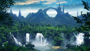 多雲天空下，瀑布、山脈和未來主義建築的奇幻景觀。