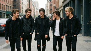 五個笑著的城市人行道上穿著黑色外套的年輕男子。 — One Direction 壁紙