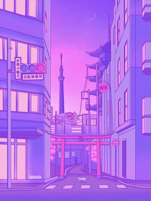 夜晚的東京風格小巷，有貓咪、鳥居和塔樓，上方有一彎新月。
