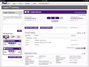 FedEx 貨件追蹤畫面，顯示包裹狀態和旅程歷史。
