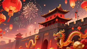 金龍和紅燈籠在傳統塔樓上空以煙火慶祝農曆新年。