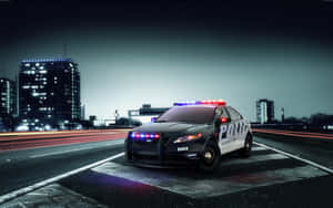 夜間濕滑的城市高速公路上閃著燈的警車。