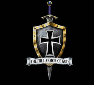 劍穿盾牌，帶有十字架和寫著「The Full Armor of God」的橫幅