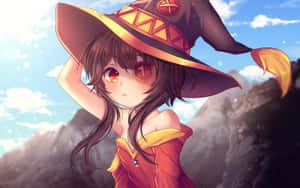 動漫女巫，紅眼睛，戴帽子，站在山前，陽光明媚。