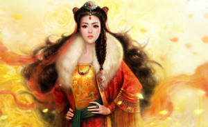 一位穿著傳統皇室服飾的女性，飄逸的頭髮和金色背景。