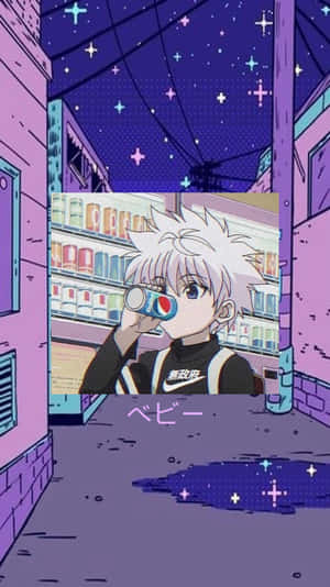 動漫男孩在繁星點點的紫色小巷中夜間喝百事可樂。