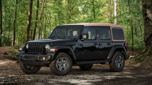 黑色Jeep Wrangler配備棕褐色軟頂停放在森林中。