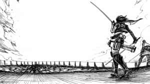 動漫戰士持劍跑過木甲板，朝向遠方地平線。