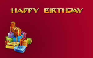 紅色背景上嘅彩色禮物盒同Happy Birthday文字