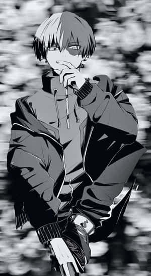 穿連帽衫的動漫男孩手托下巴思考，單色背景模糊