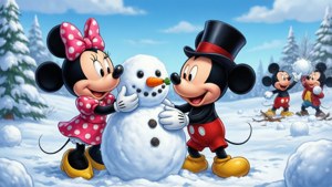 米奇和米妮老鼠在雪森林中堆雪人，兩個較小的米奇角色在他們身後玩耍。